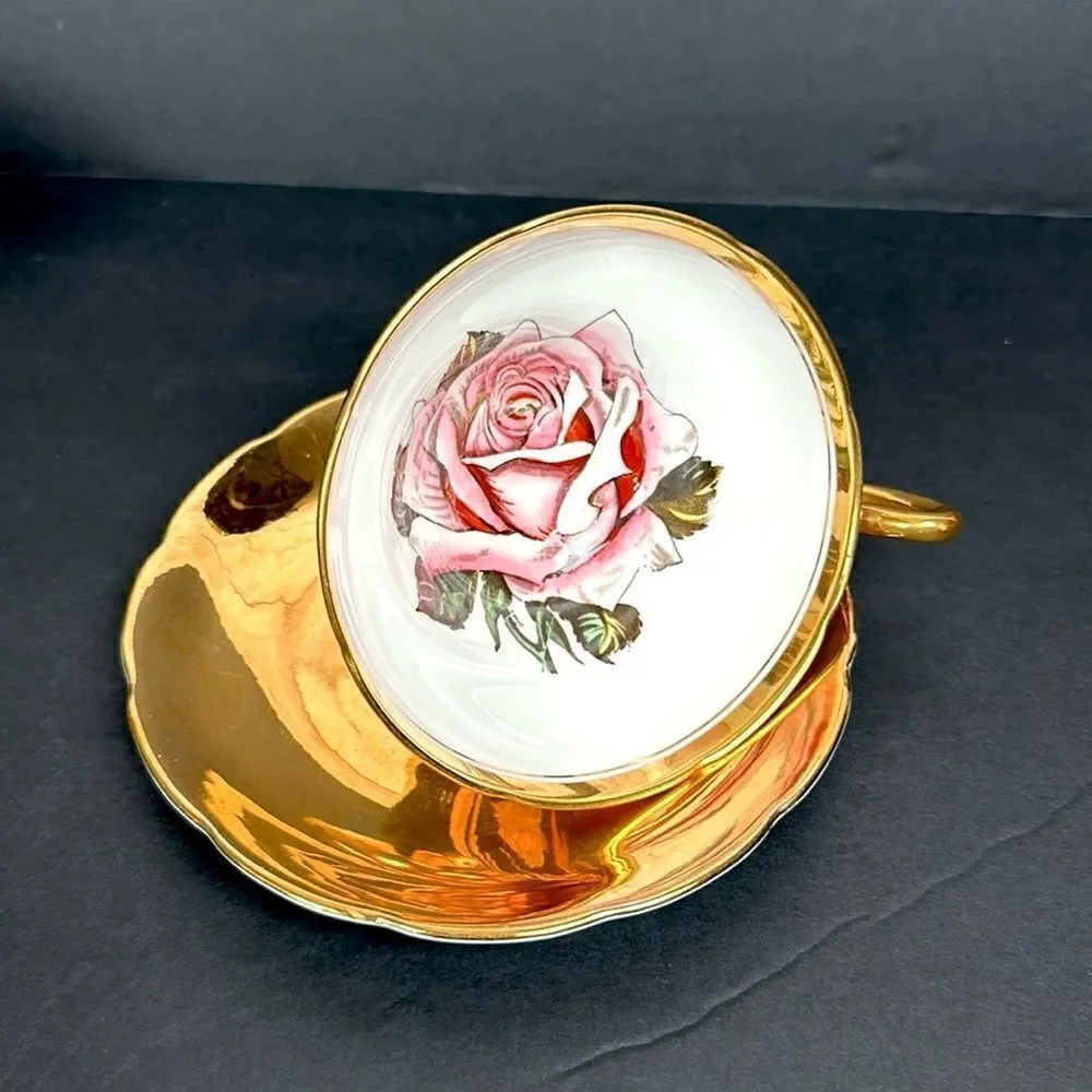 Vintage Taylor & Kent Large Pink Cabbage Rose Tea Cup Saucer Heavy Gold Signed